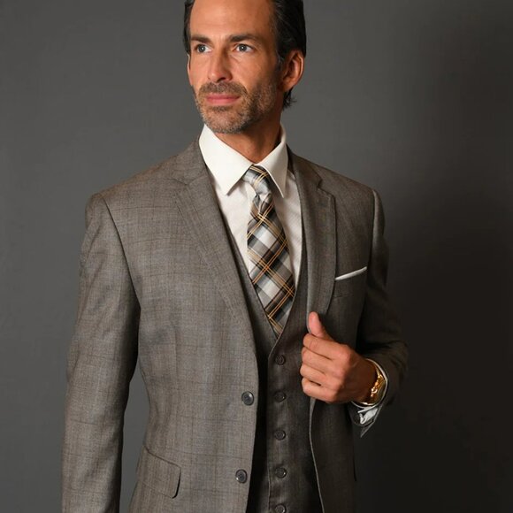 Mens 2 Button Vested Modern Fit Wool Suit in Taupe Plaid - Picture 1 of 2